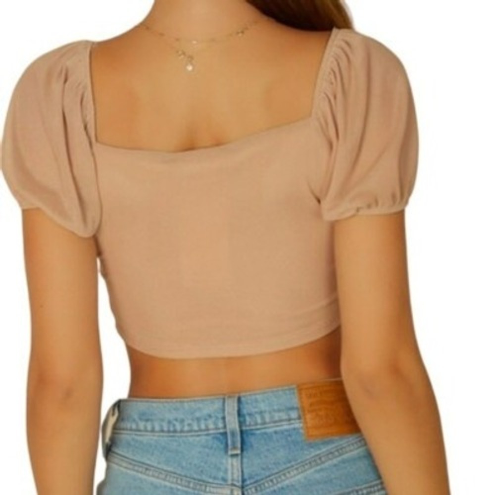 Princess Polly Tan Ruched Puff Sleeve Crop Top 12 Square Neck Coquette Dainty
